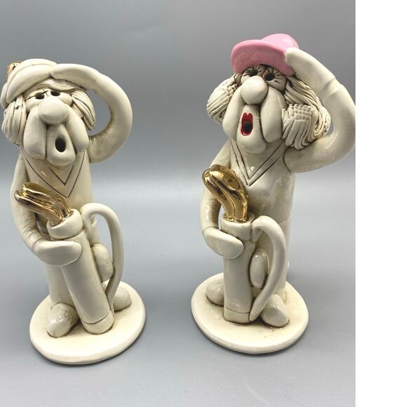 Tweeples World Ceramic Lady Golfer Joe Peck. whimsical Also a whistle. Set of 2 - Picture 1 of 10